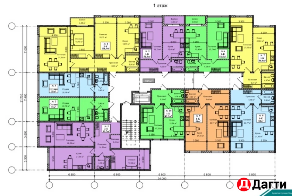 Квартира, 1 комната, 58 м², Застройщик
