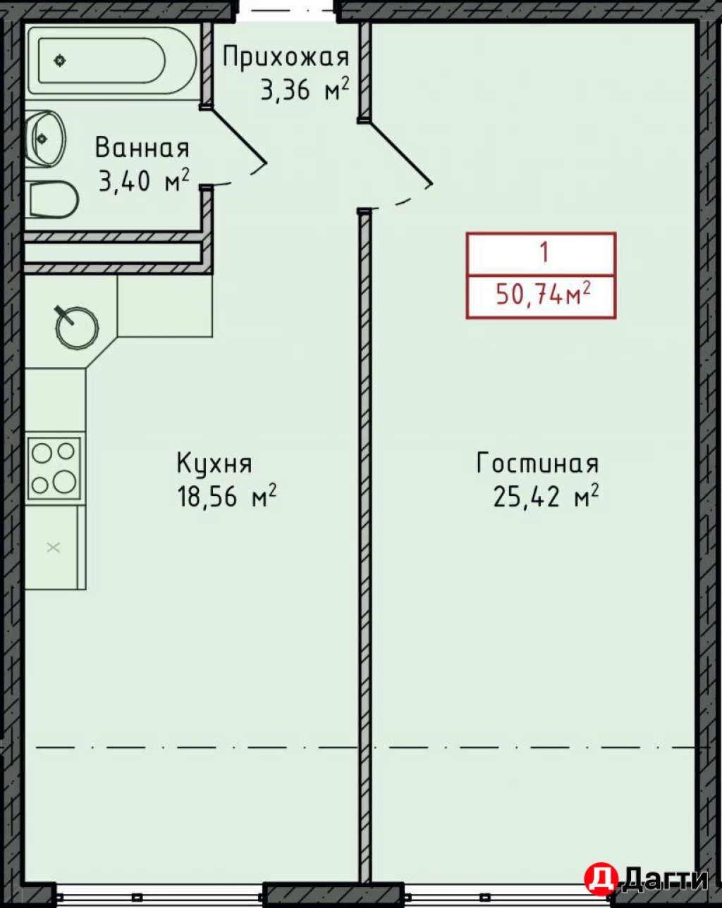 Квартира, 1 комната, 50.74 м², Застройщик