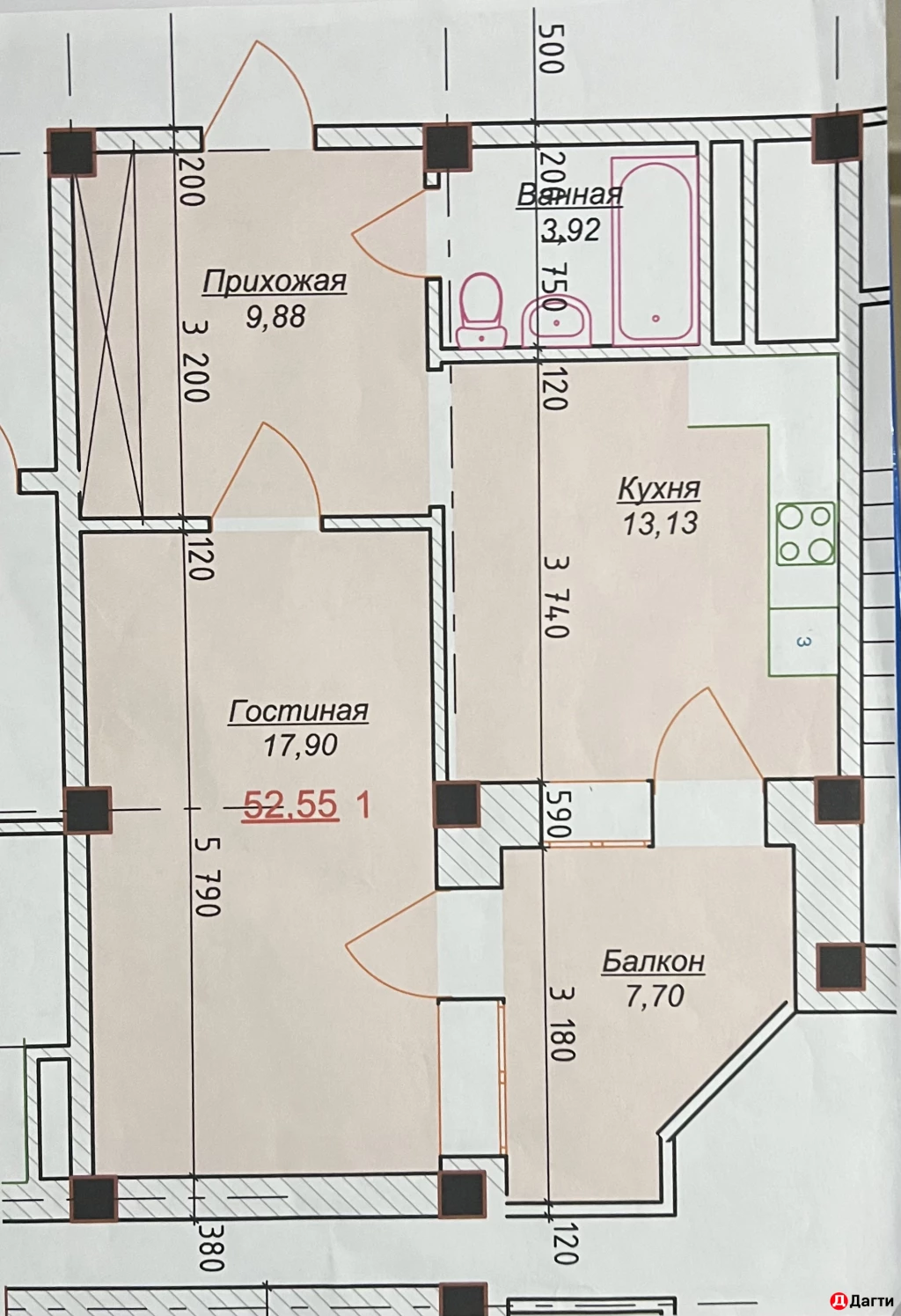 Квартира, 1 комната, 55.4 м², Агент