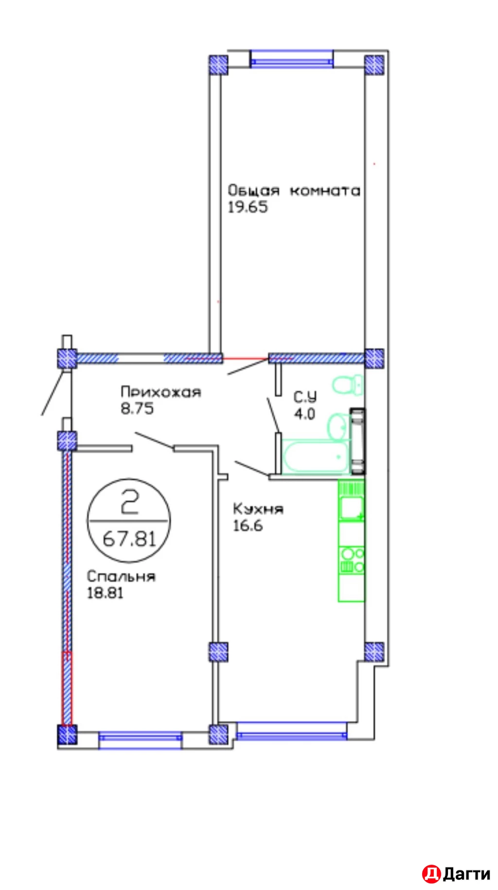Квартира, 2 комнаты, 68 м², Собственник